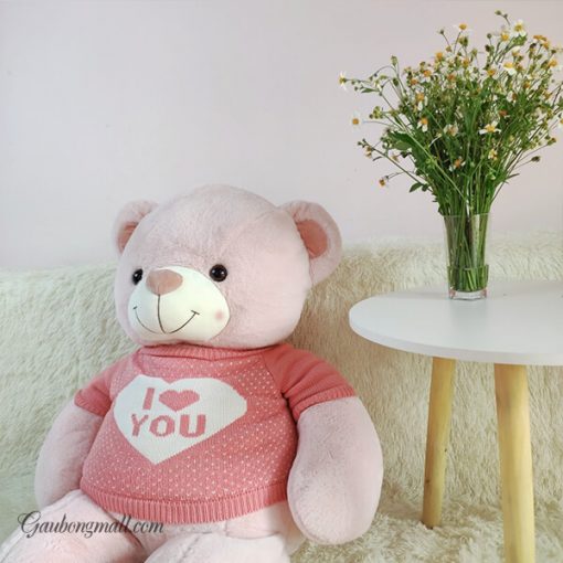 Gấu teddy lông mịn áo len hồng I love you